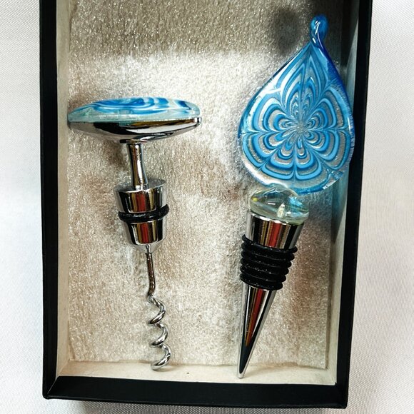 Art Glass Corkscrew & Stopper Set Teal White Iridescent Paragon Wine Accessories - Picture 11 of 11